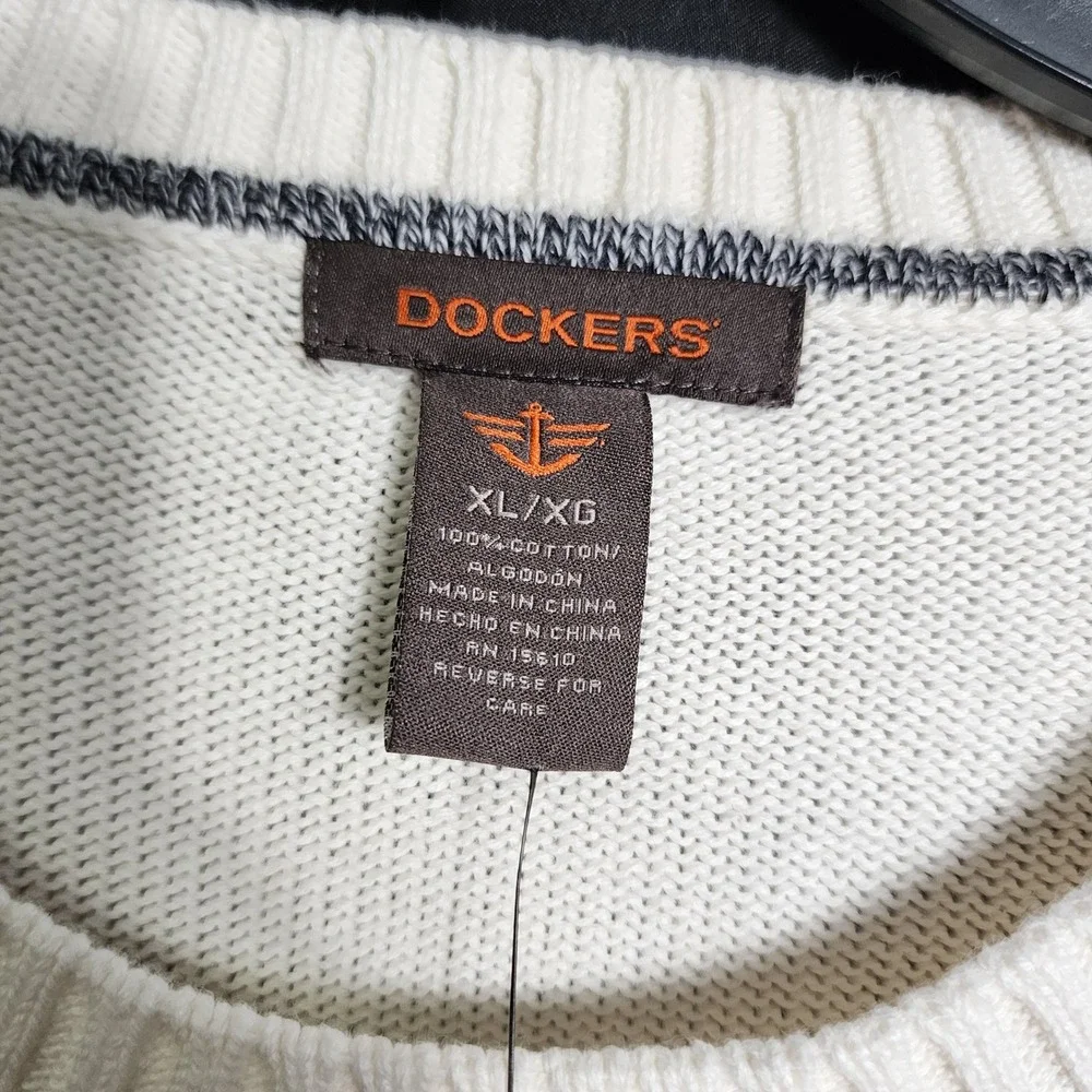 Dockers Mens XL Cream Cotton Crewneck Sweater Navy Blue Chest Stripe NWT